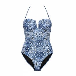 EUC Jessica Simpson Blue Boho Geometric One Piece Swimsuit Size Large